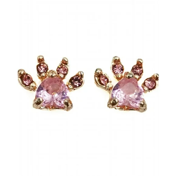 Crystal Pink Cat Dog Paw Earrings - Picture 1 of 7